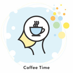 Coffee time icon concept with hot coffee mug in the drawing of human brain isolated on light blue background, vector and illustration.