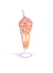 Watercolor fruit milkshake with whipped cream, chocolate topping and ice cream hand drawn illustration