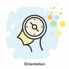 Orientation icon concept with direction straight pin in the drawing of human brain isolated on green background, vector and illustration.