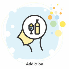 Drink addiction icon concept with alcohol bottle and glass in the drawing of human brain isolated on light blue creative background, vector and illustration.