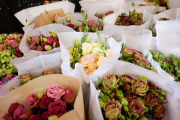 White rose bouquet in flower shop