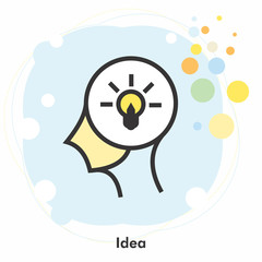 Creative Idea icon concept with glowing light bulb creating a new idea in the drawing of human brain isolated on light blue creative background, vector and illustration.