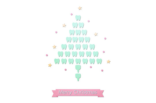 healthy tooth in the shape of Christmas tree for Merry Christmas and Happy New Year, dental care concept - teeth cartoon paper cut style