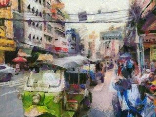 Fototapeta na wymiar Chinatown Yearat in Bangkok Illustrations creates an impressionist style of painting.