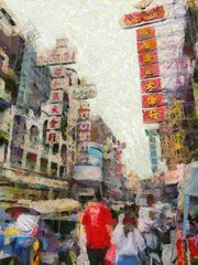 Chinatown Yearat in Bangkok Illustrations creates an impressionist style of painting.
