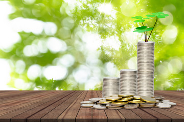 stack of coins and tree on wooden table with bokeh nature background,Lucky economic growth concept