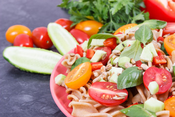 Fresh salad with pasta and vegetables. Best food for dieting and slimming