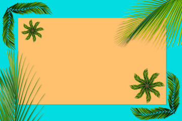 Fototapeta na wymiar Green palm leaves pattern for nature concept,tropical leaf on orange and teal paper background