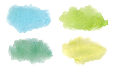 Set of abstract blue and green watercolors on white background.  Color splashes on the paper. Watercolor painted background. The brush stroked the painting.