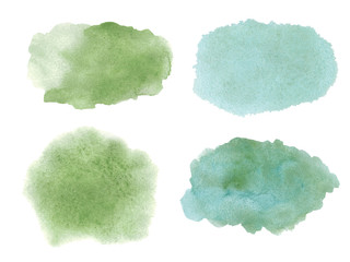 Set of abstract blue and green watercolors on white background.  Color splashes on the paper. Watercolor painted background. The brush stroked the painting.