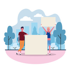 cartoon man and woman with blank posters, colorful design