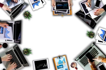 group of business top view, business hands using laptop.