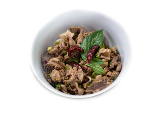 Spicy Minced Duck Salad on a white background,with clipping path