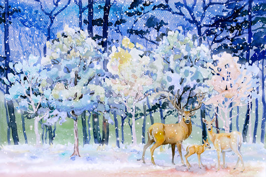 Watercolor landscape of animal, deer family in forest. © Painterstock