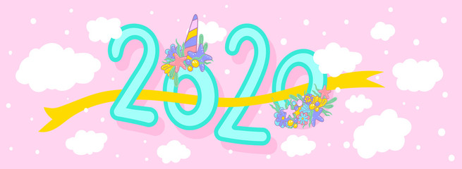 Happy New Year 2020 Logo Text Design. Cute inscription 2020 for the new year. Vector Template Design Illustration for Cover of business diary or for calendar 2020 cute unicorn