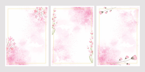 pink watercolor flower splash background with golden frame collection 5x7 for wedding or birthday invitation card eps10 vectors illustration