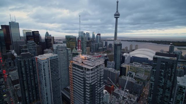 Toronto Ontario Aerial v25 Panoramic view of city with Entertainment District high rise construction in foreground - October 2017