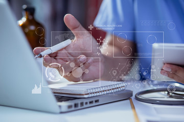 Double exposure of healthcare And Medicine concept. Doctor and modern virtual screen interface.