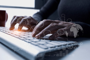 Double exposure. Business documents  at the office desk. Global Strategy Virtual Icon.Innovation Graphs Interfaces. Workplace strategy concept.