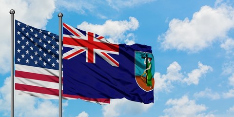 United States and Montserrat flag waving in the wind against white cloudy blue sky together. Diplomacy concept, international relations.