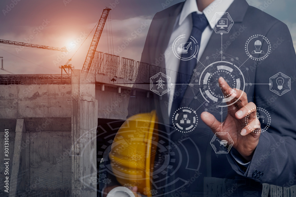 Poster double exposure engineering using digital technology interfaces icon with construction cranes no cit