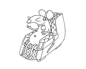 Line art rat or mouse sitting on a couch sofa and holding a champaign glass. Illustration isolated on flat white background for kids coloring book or for chinese new year of the rat. For children