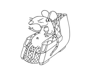 Line art rat or mouse sitting on a couch sofa and holding a champaign glass. Illustration isolated on flat white background for kids coloring book or for chinese new year of the rat. For children