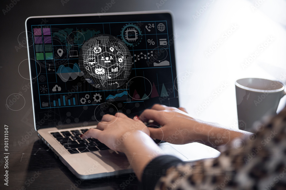 Poster businessman using on smartphone and laptop computer with digital marketing media and virtual globe s