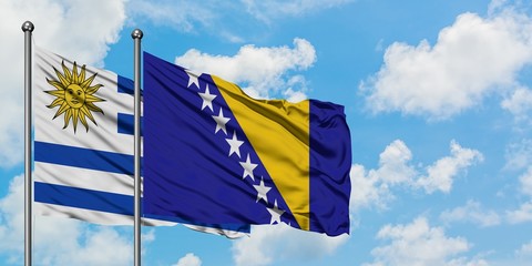 Uruguay and Bosnia Herzegovina flag waving in the wind against white cloudy blue sky together. Diplomacy concept, international relations.