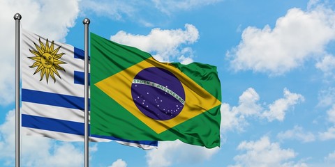 Uruguay and Brazil flag waving in the wind against white cloudy blue sky together. Diplomacy concept, international relations.