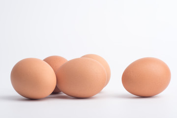 Fresh eggs on a white background.