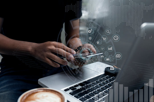 Business teamwork or business partners discussing documents and meeting at the office desk. Global Strategy Virtual Icon.Innovation Graphs Interfaces. Workplace strategy concept.