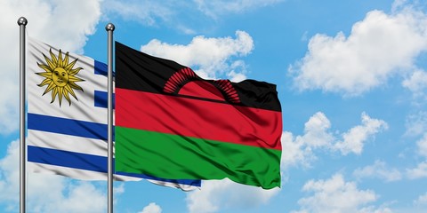 Uruguay and Malawi flag waving in the wind against white cloudy blue sky together. Diplomacy concept, international relations.