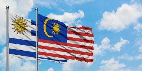 Uruguay and Malaysia flag waving in the wind against white cloudy blue sky together. Diplomacy...