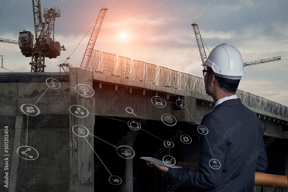 Poster double exposure engineering using digital technology interfaces icon with construction cranes no cit