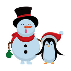 merry christmas snowman and penguin