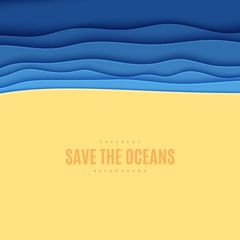 Abstract square background in cut paper style. Cutout blue sea wave and beach sand template for for save the Earth posters, World Water Day, eco brochures. Vector water applique illustration.