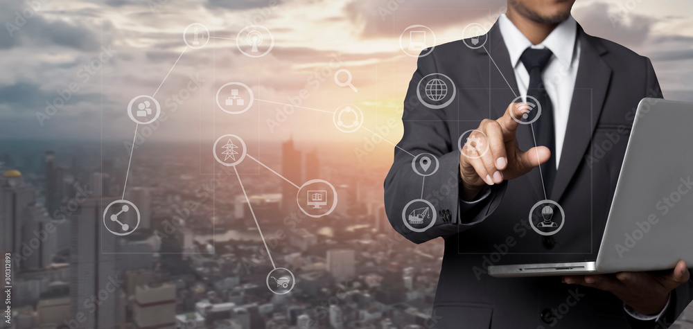 Poster double exposure engineering using tablet digital technology interfaces icon with construction cranes