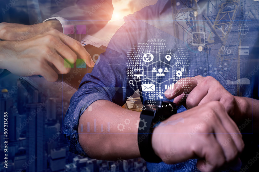 Poster double exposure of businessman using digital technological interface with icons.