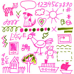 Doodle set of objects from a child's life. Drawn in pink and green marker on a white background.