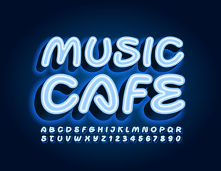 Vector blue sign Music Cafe. Creative neon Font. Electric Alphabet letters and Numbers