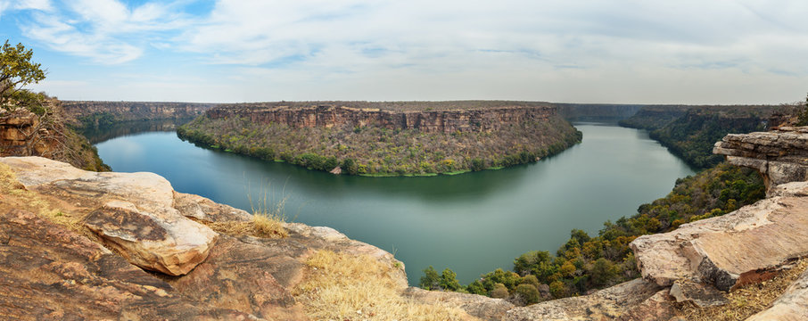 Panorama of Chambal valley river near Garadia Mahadev temple. Kota. India