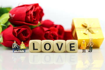 Miniature people : Couple lover and Love text wooden blocks with rose and gift box,Lover concept.