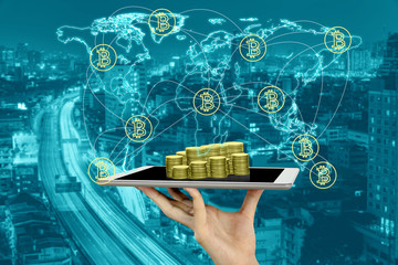 Digital money with bitcoin symbol and network connection concept,Elements of this image furnished by NASA