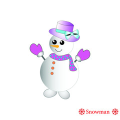 Cheerful dancing snowman in hat, scarf and gloves, vector