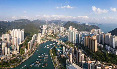 Aerial view of Aberdeen residential district and the Ap Lei Chau island in Hong Kong island with the famous floating village in Hongkong