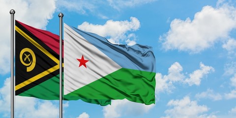 Vanuatu and Djibouti flag waving in the wind against white cloudy blue sky together. Diplomacy...