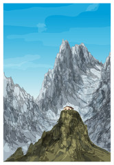 Vector fantasy greeting card with mountain landscape.
