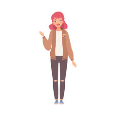 Young Woman Stands Waving With Hand Smiling Flat Vector Illustration