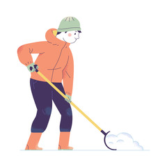 a young man dredges snow with a snow shovel in the cold winter